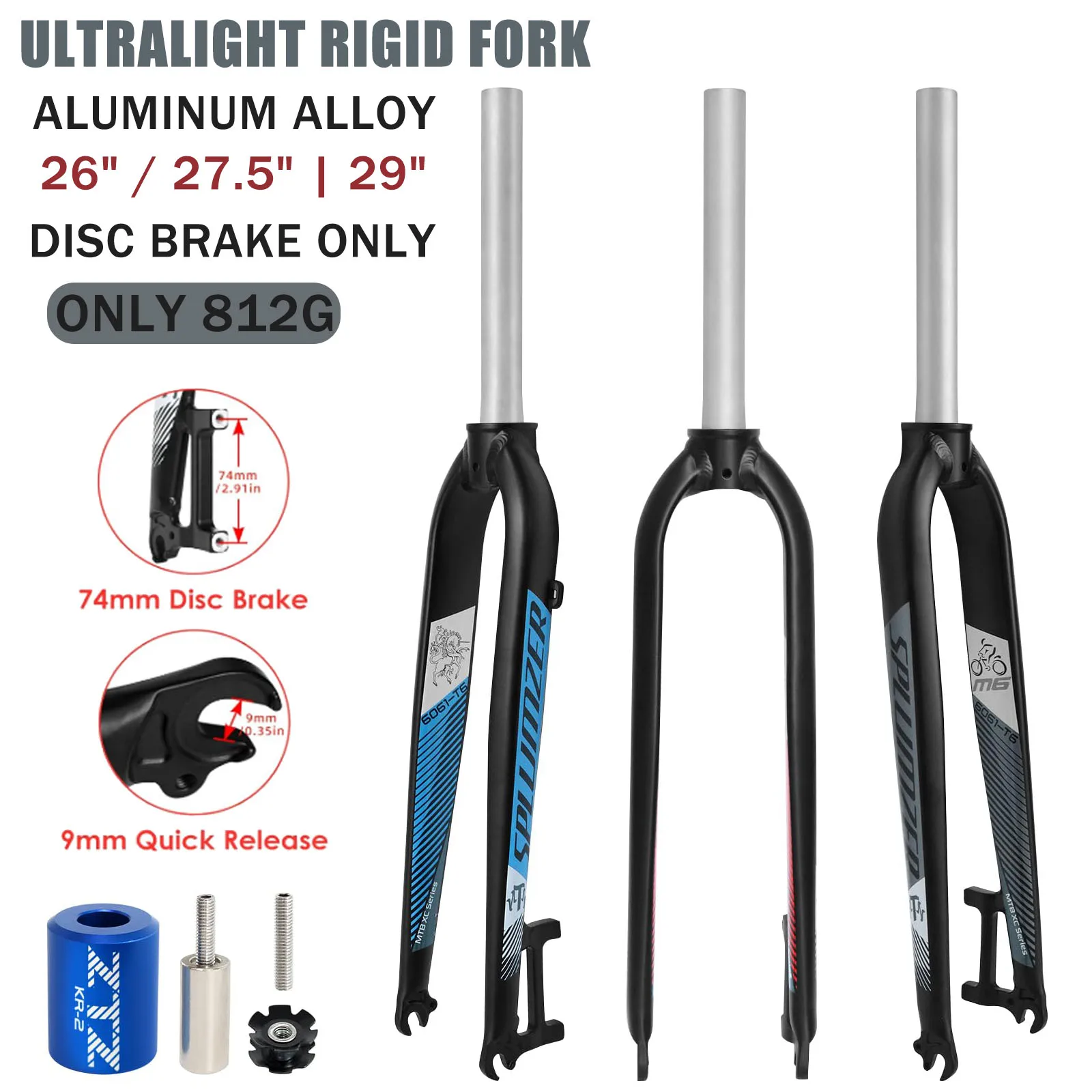

26/27.5/29 Inch MTB Rigid Fork Aluminum Alloy Disc Brake Front Fork 1-1/8" Threadless Straight Steerer 9mm QR Superlight Mountain Bike Fork