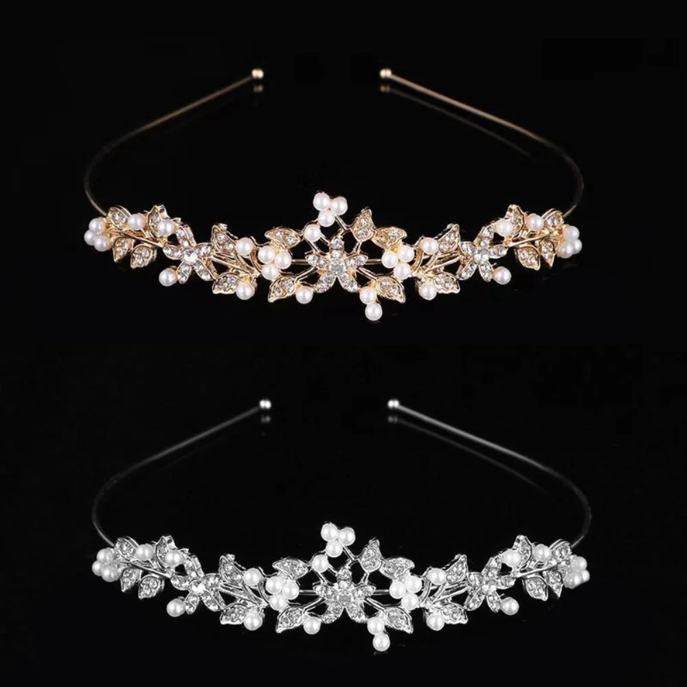 2pcs Bride Headdress Flower Crystal Tiara Ear Clip Princess Headband Rhinestone Queen Crown Sparkling Gold Silver
