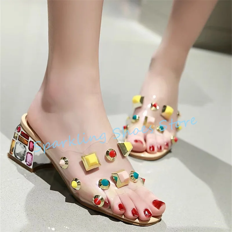 

Luxury Crystal Rivet Transparent One-strap Women Sandals Peep Toe Gem Chunky Heel Slingback Pumps Ladies Party Dress Slippers