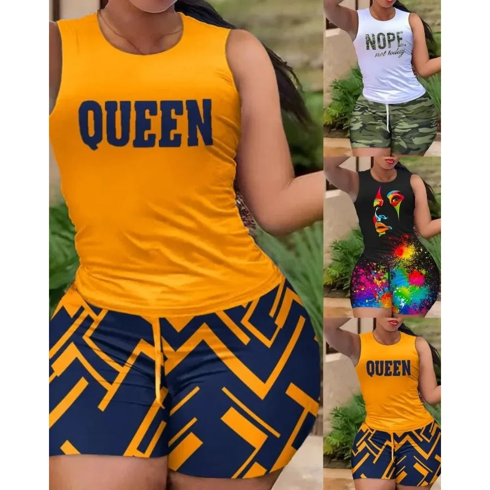 

Women's Printed Two-Piece Set Tracksuit Sleeveless Fashionable Spring Collection Casual Comfortable Short Outfit