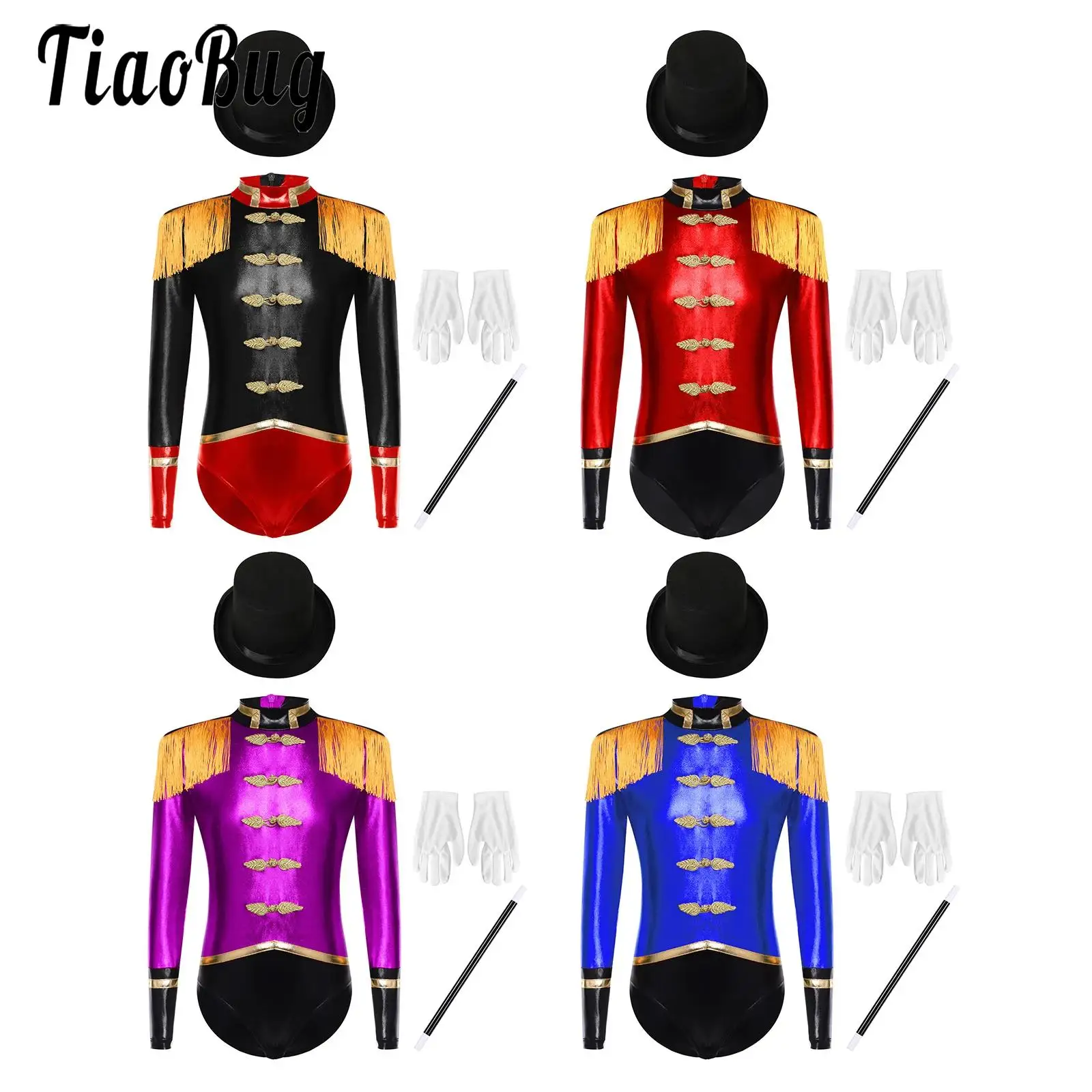 

Kids Girls Ringmaster Leotards Costume Long Sleeve Tassel Shoulder Bodysuits Circus Magician Outfits Halloween Cosplay Dress Up