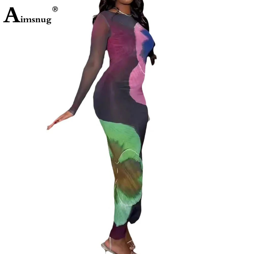 Vrouwen Lange Mouw Boho 3d Print Jurk Sexy Lange Bodycon Slim Fit O-hals Bevreesfeest Avondjurk Dames Elegante Maxi Jurken