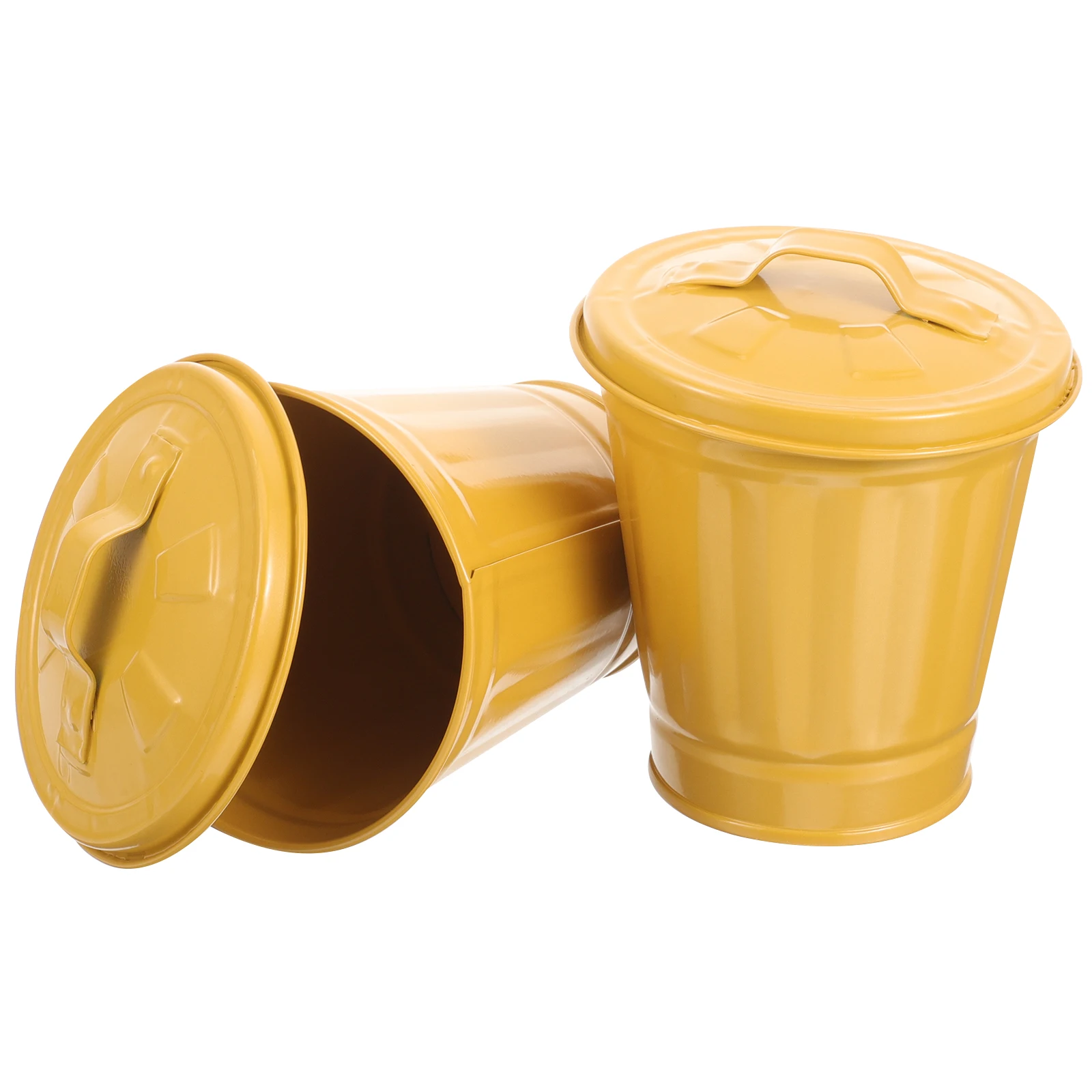 

2pcs Yellow Storage Bucket Trash Can Tin Garbage Wastebasket Small Pail Lid Galvanized Iron Desktop Tabletop Countertop Office