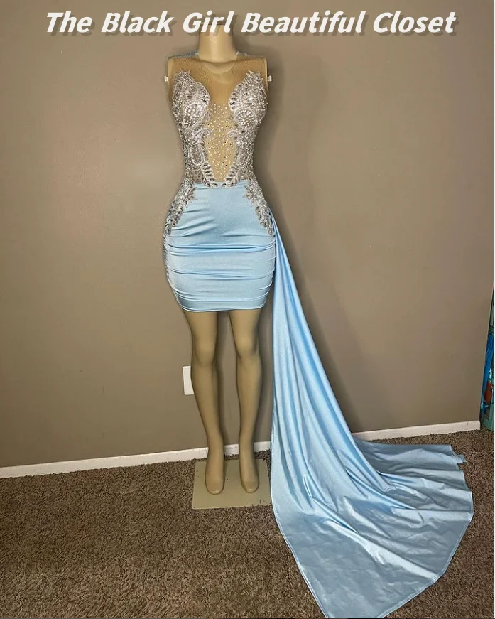 Light Blue Elegant Short Graduation Gowns 2024O Neck Rhinestone Appliques Pearls Prom Gowns Black Girls Detachable Skirts