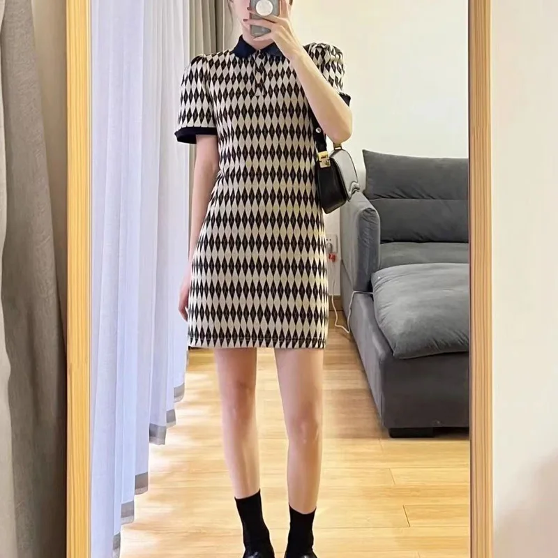 

Elegant Geometric diamond Polo Collar Short Sleeve Slim Mini Dress For Women Summer High end temperament hodiday Clothing