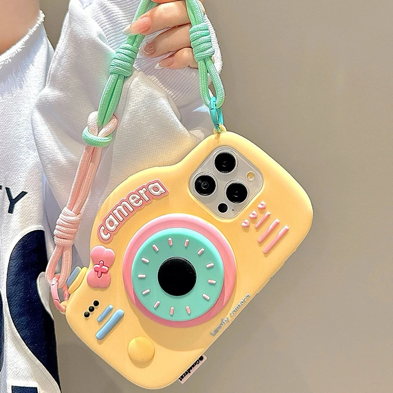 3D Creative Three-Dimensional Cute Camera + Lanyard Phone Case Anti-drop Protection For IPhone15ProMax12 13 14 15