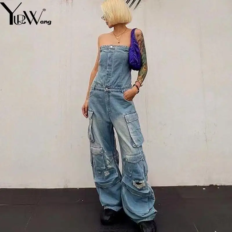 

{Ready To Ship} Yuerwang Women Jumpsuit 2024 Multi Pockets Hole Denim Jumpsuit Strapless Sleeveless Long Jean Rompers