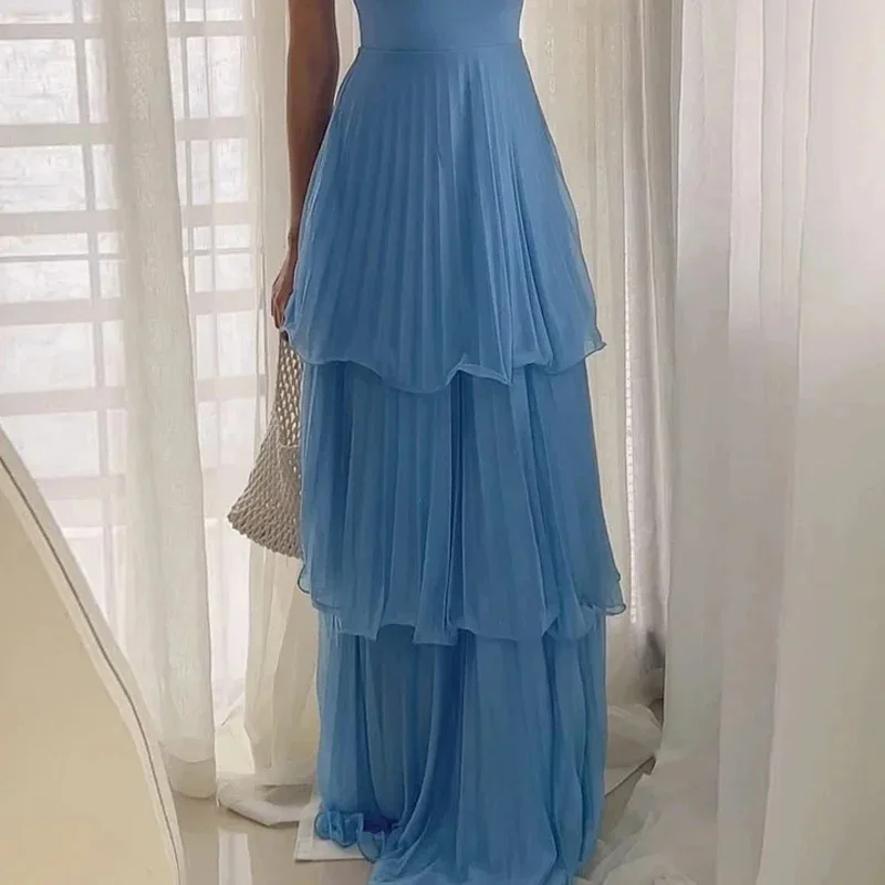 Tesco céu azul feminino vestidos de verão 2025 querida sem mangas praia férias vestidos a linha plissado em camadas vestidos de verão