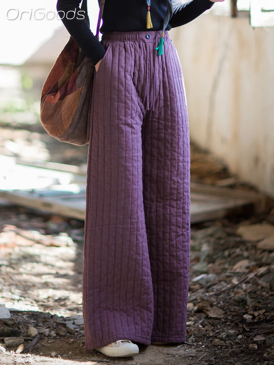 

OriGoods, китайские зимние брюки, женские толстые теплые стеганые брюки с эластичной резинкой на талии, винтажные брюки с хлопковой подкладкой, новинка 2025, B367