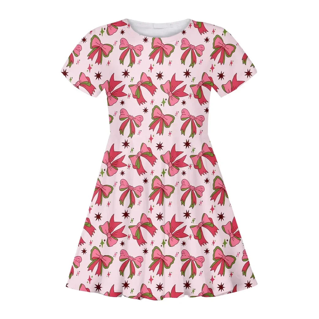 3D Digital Printed Short Sleeved Dress with Bow, Sweet and Caring Casual Princess Skirt