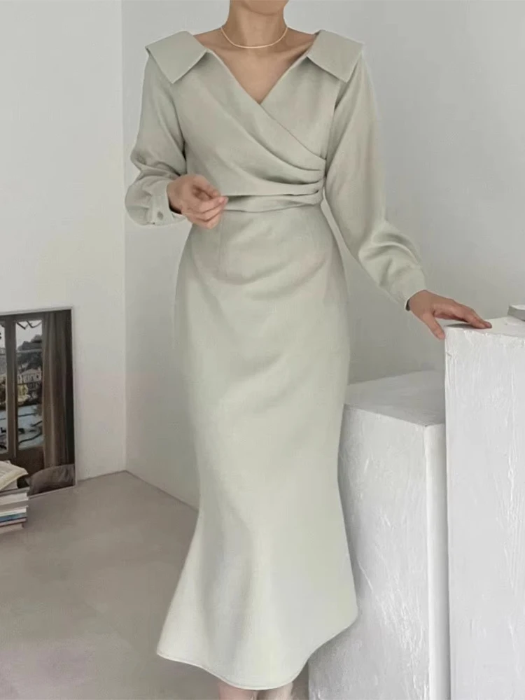

Chic Early Autumn Retro Cross V-ne Pleated Design Belted Waist Long Sve Fi Tail Dr Women's Korean Sle High Waist ...