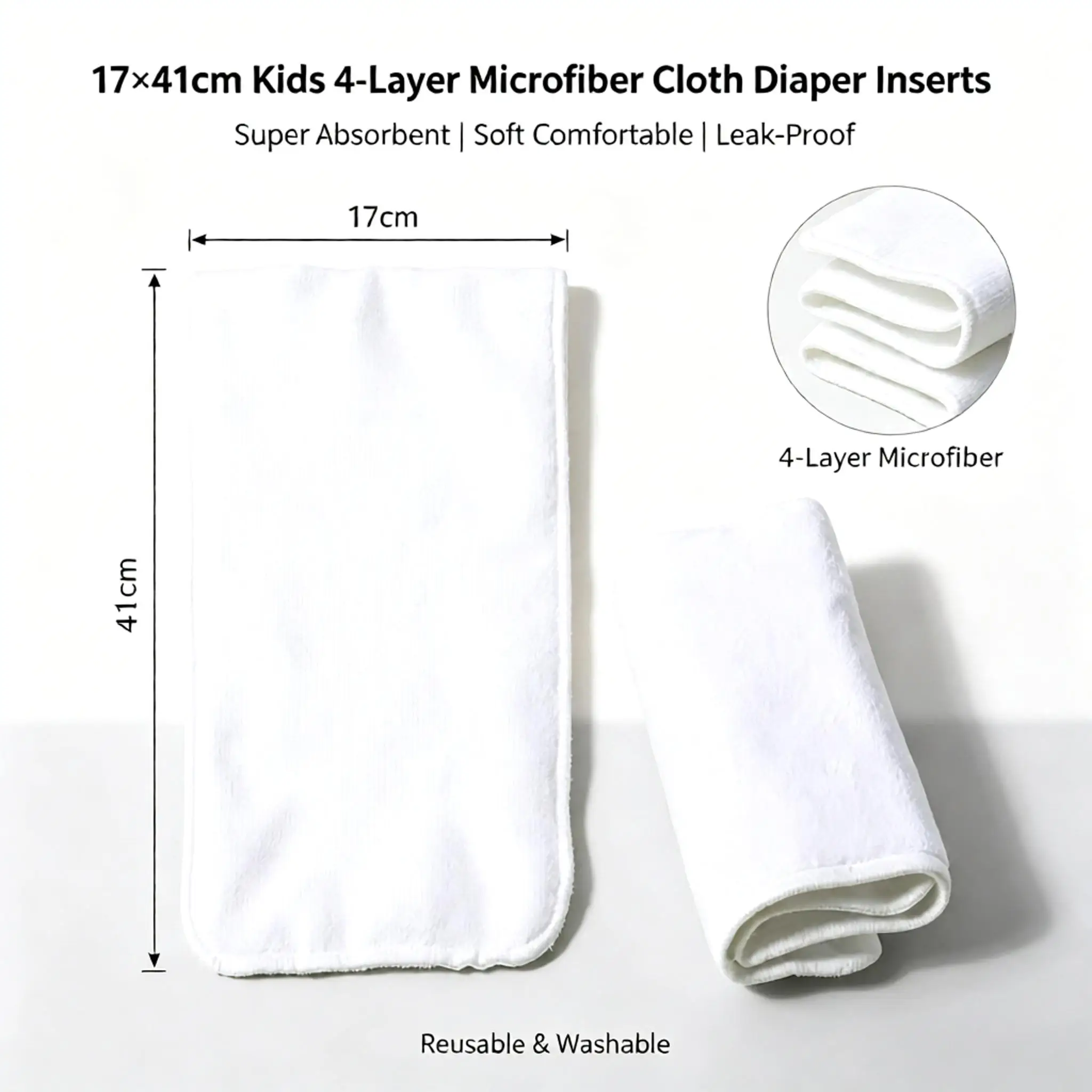 17×41cm Kids 4‑Layers Microfiber Cloth Diaper Inserts Super Absorbent Reusable Soft Comfortable Leak‑Proof Washable Nappy Liners