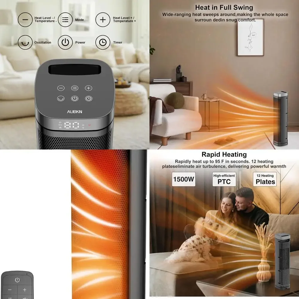 

1500W Ceramic Space Heater with Thermostat, Remote, 3 Modes, 70° Swivel for Home & Office