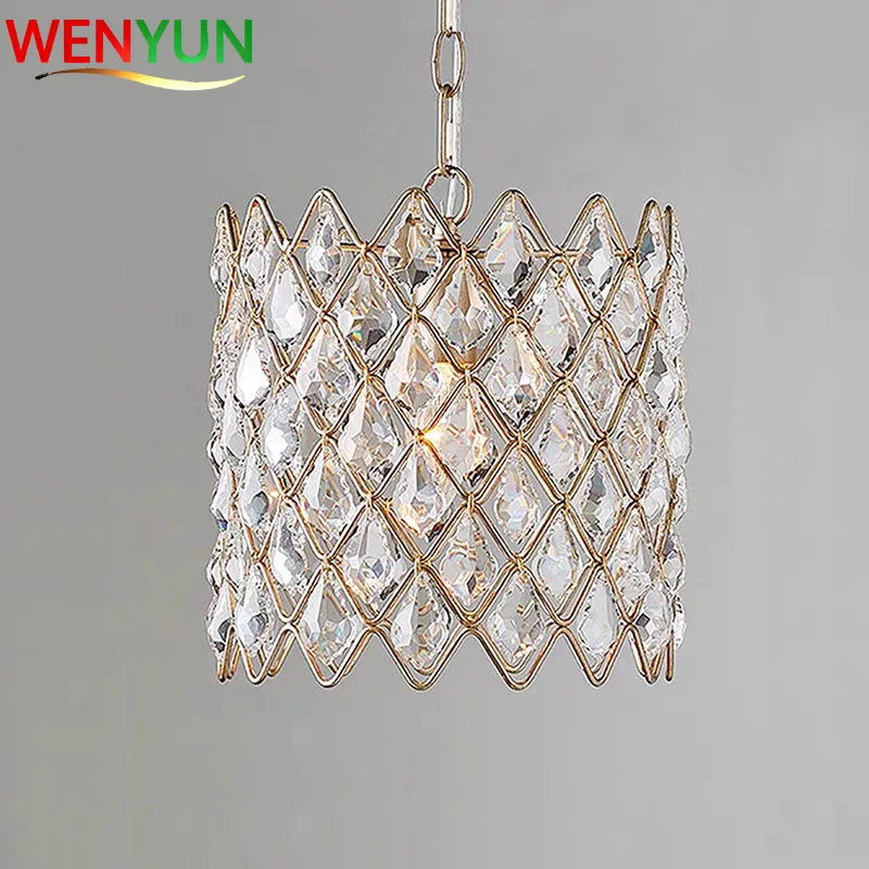 

2026 Роскошная хрустальная люстра для спальни, столовой, кухонного стола, золотой круглый подвесной светильник с ромбовидным кристаллом K9