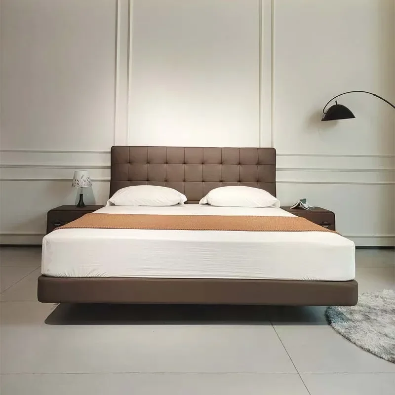 Italian minimalist leather bed light luxury modern waffle master bedroom bed small apartment second bedroom bed