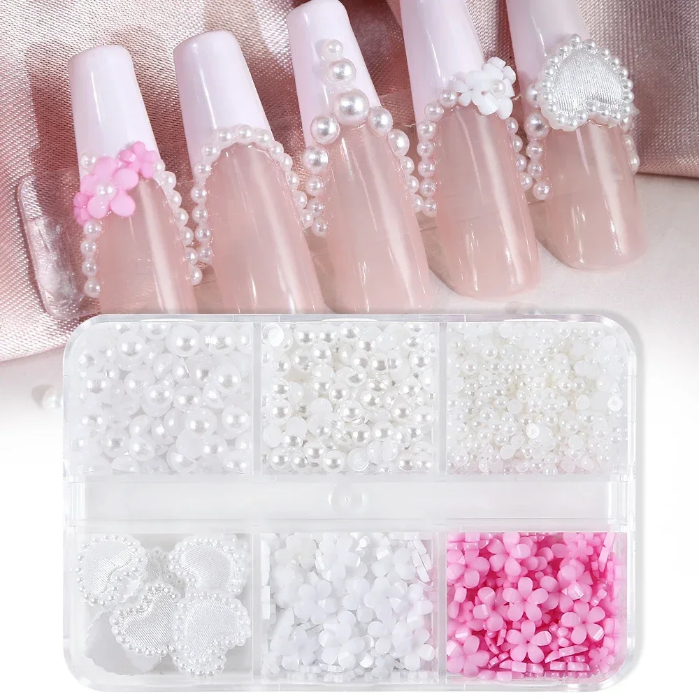 Resina Nail Art Encantos, Pérola Misturada, Flor do Coração, DIY Nail Stylist, Suprimentos Profissionais, Acessórios de Decoração, Kawaii, 6 Grades por Caixa