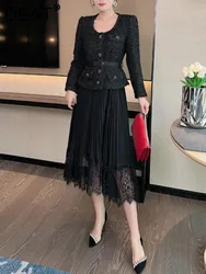 DEAT Elegant Dress O-neck Single Button Belt Waist Pleated Fake Two Women's Evening Party Dresses 2024 Autumn New Tide 35Z1241