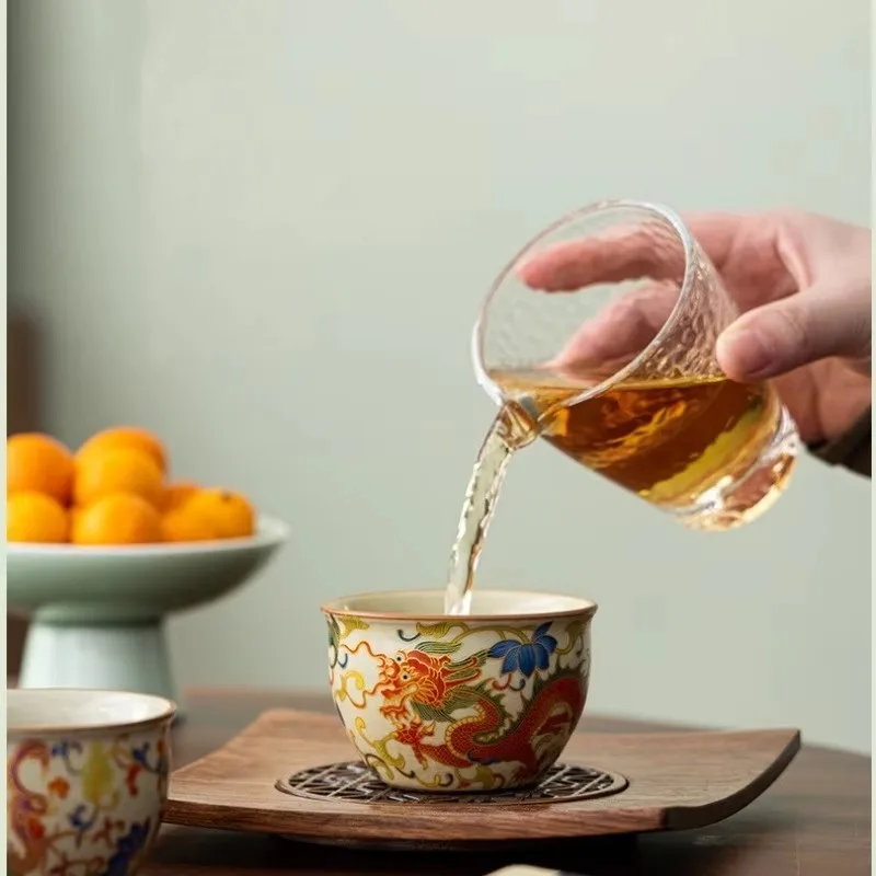 NEW Ru Kiln Sky Blue Enamel Teacup Dragon Phoenix Pattern Chinese Kung Fu Master Guest Cup High-end Tea Cup Gift Box Souvenir