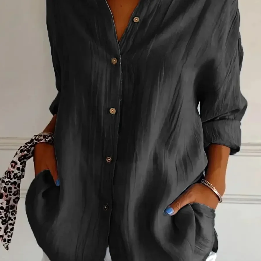 New Single-breasted Pleated Lapel Shirt Popular Women's Solid-color Sleeve Top