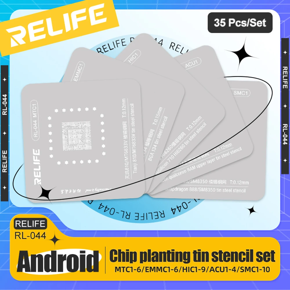 RELIFE RL-044 35PCS Android CPU Tinned Chip Planting Tin Steel Stencil Set for Kirin Qualcomm Hisilicon Snapdragon Phone Repair