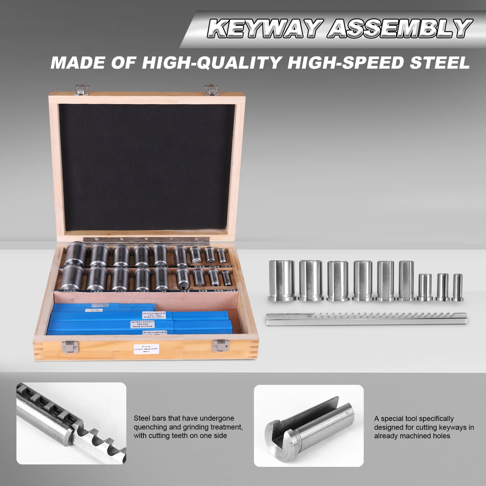 

Keyway Broach Kit CNC Keyway Broaches Set with 5 Broaches 18 Bushings and 7 Shims 30pcs for Metalworking and Manufacturing