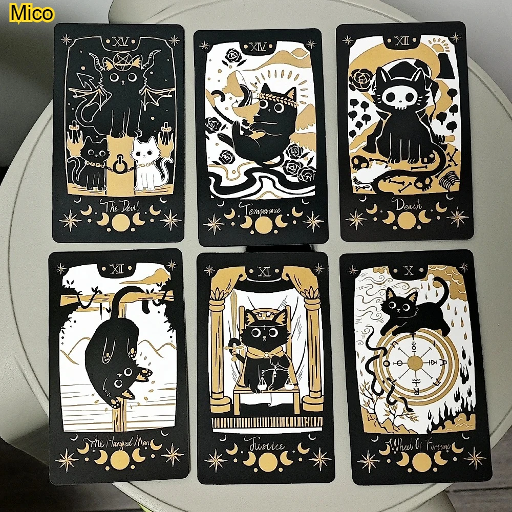 

78 Cute Cat Tarot Deck Black 10.3x6cm Divination Cards Table Decoration Easy for Beginners