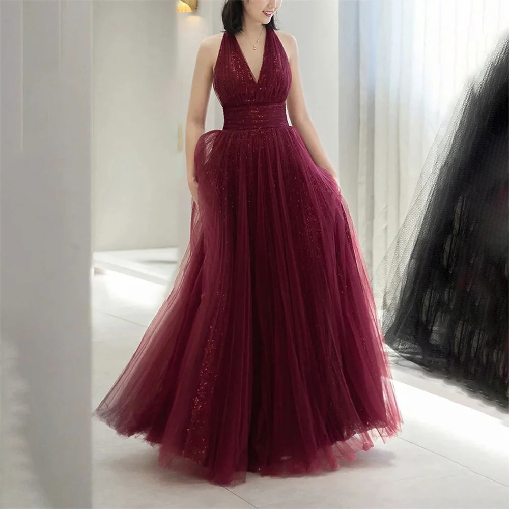 

Lily Burgundy V Neck Long Party Dresses Glitter Net A Line Vintage Night Dress Lack Up Back Celebrity Dresses vestidos de fiesta