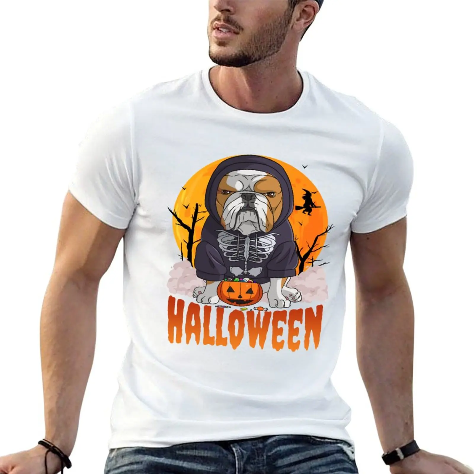 Halloween English Bulldog Pumpkin Witch T-Shirt Soft Cotton Print T-Shirt