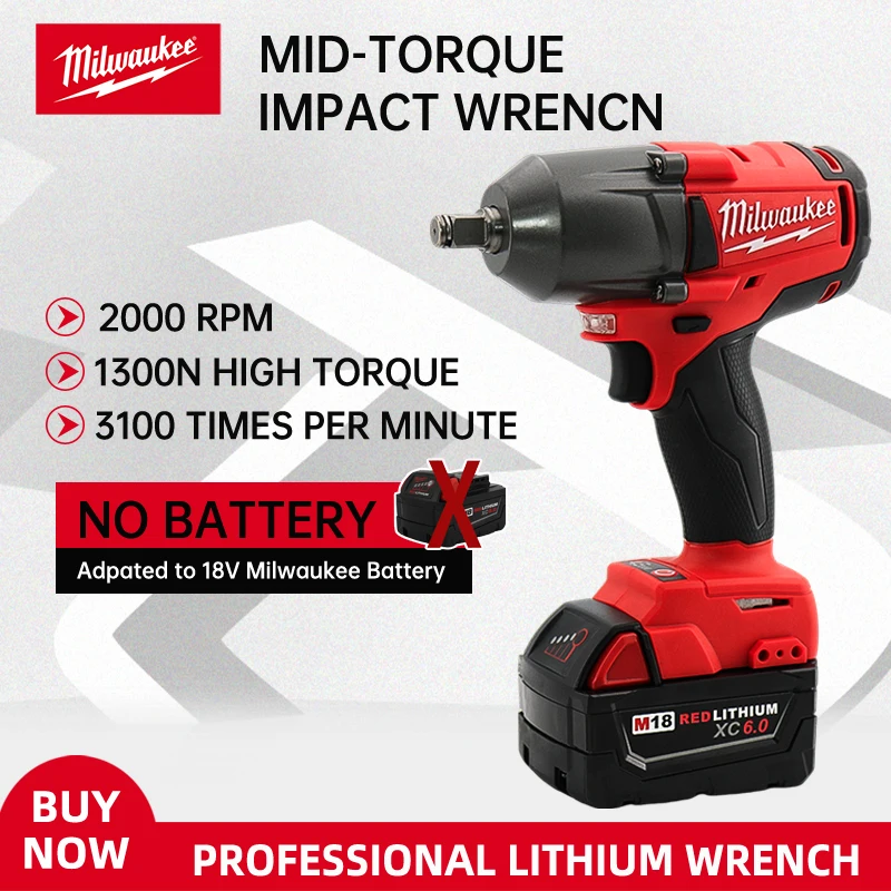 Milwaukee 18V lithium battery 1300N.M Large Torque Cordless Electric Impact Wrench  Screwdriver Cordless Motor Power Tool