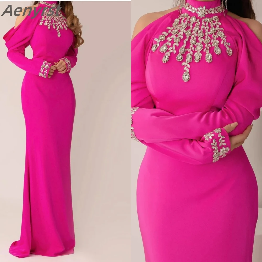 Saudi customized Party Gowns Mermaid High Neck Crystal Prom Dress Luxury Evening Dress Satin Long Sleeves Formal Occasion Gown