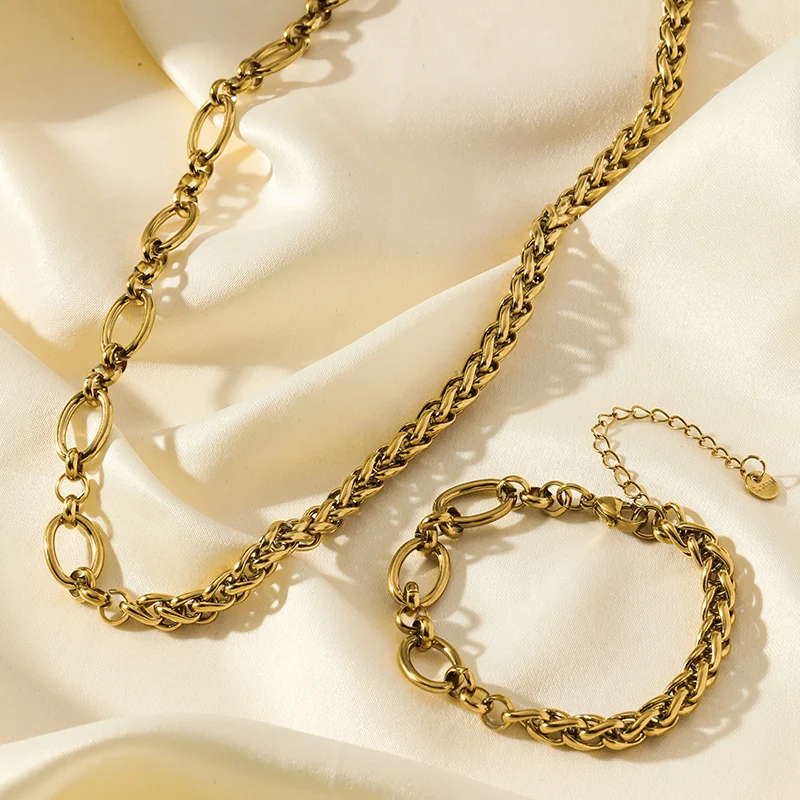 EILIECK 316L Edelstahl Goldfarben Asymmetrisches Kettenhalsketten-Armband-Set für Damen Modischer Wasserdichter Schmuck Damengeschenk – Detail 12