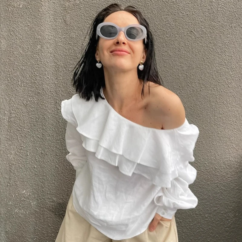 

European and American Commuter Women's French Style White Cotton Ruffled Asymmetric Collar Shirt