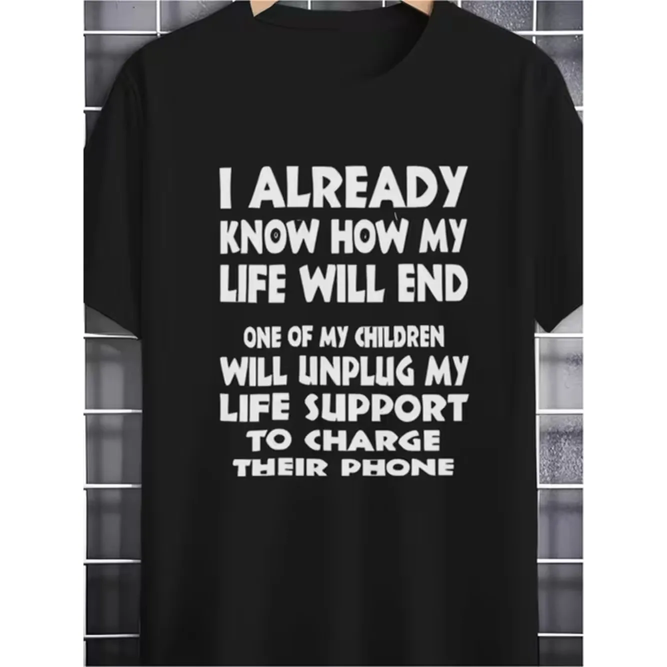 item picture a humorous black t shirt featuring large white lettering that states i already my life will will disconnect my to charge their phone ideal a good laugh in their everyday att