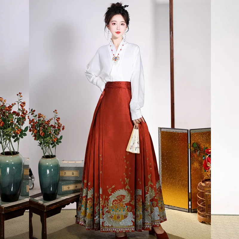 

Hanfu Horse-face Skirt Women Chinese Traditional Vintage Hanfu Pleats Skirt Multiple Color Sets 2023 Work Streetwear Pleated