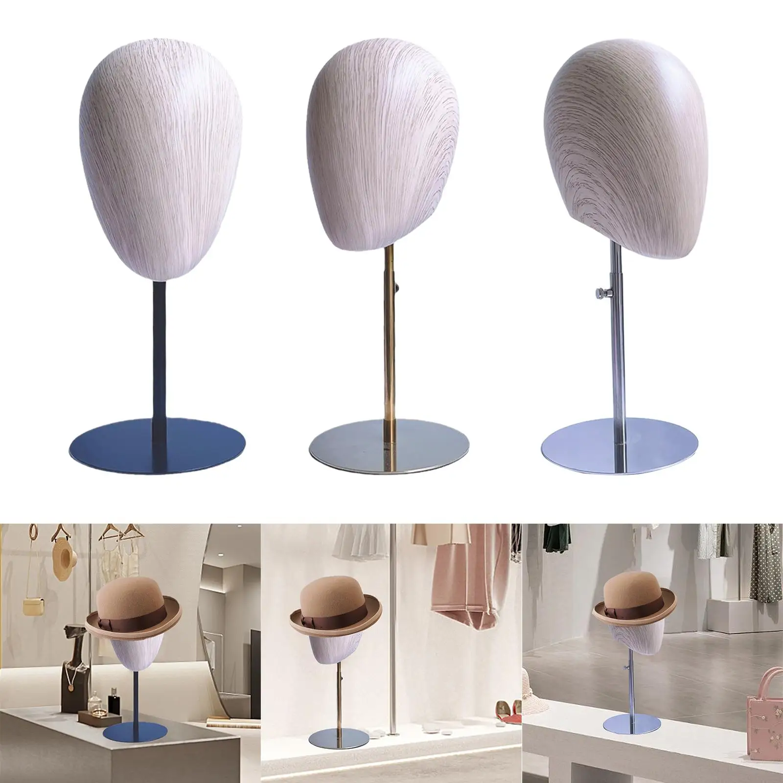 Wig Holder Mannequin Head Model Adjustable Height Imitation Wood Grain Stainless Steel Base for Shopping Mall Barbershop Home