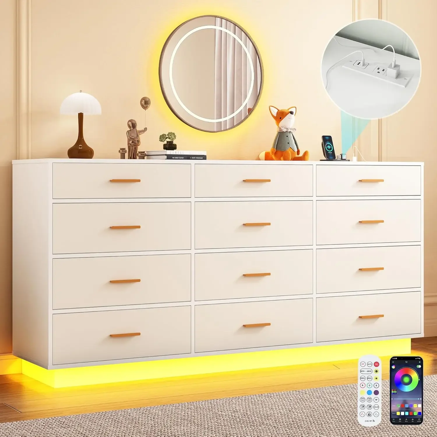 White 12 Drawers Dresser w/Power Outlet,60000-Colors Lights,63In Long Dresser Chest for Bedroom