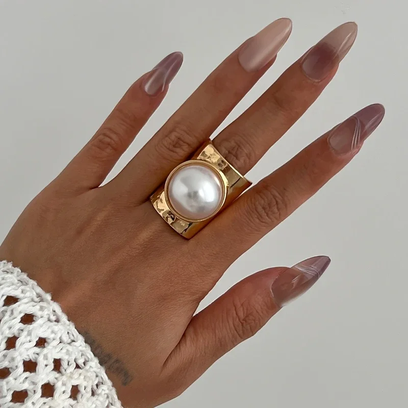 Vintage Punk Style Wide Faceted Faux Pearl Open Ring, Women's Personalized Trend Holiday Party Jewelry Accessories