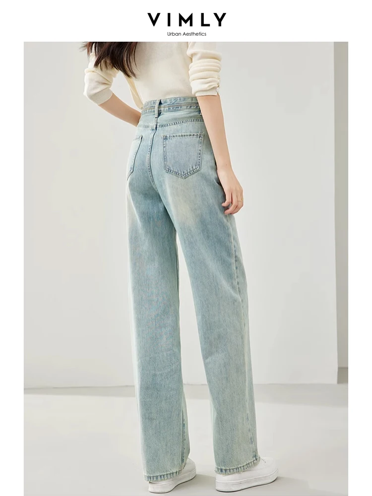 Vimly High Waist Straight Jeans Women 2024 Spring Retro Light Blue Full Length Wide Leg Denim Pant Woman Casual Trousers 72786