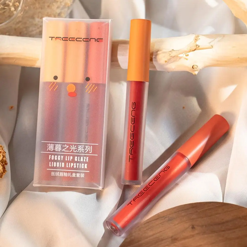 3 ชิ้น Matte Velvet Lip Gloss Long-Lasting Moisturizing Tint ลิปสติก Fruity Juicy Moist และ Vivid Coloring