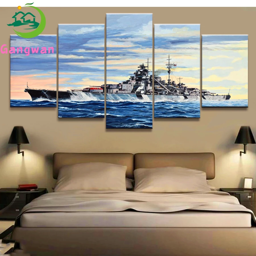 5 Panel German Battleship Bismarck War Weapon mosaic embroidery 5d diy diamond painting cross stitch full square round drill new