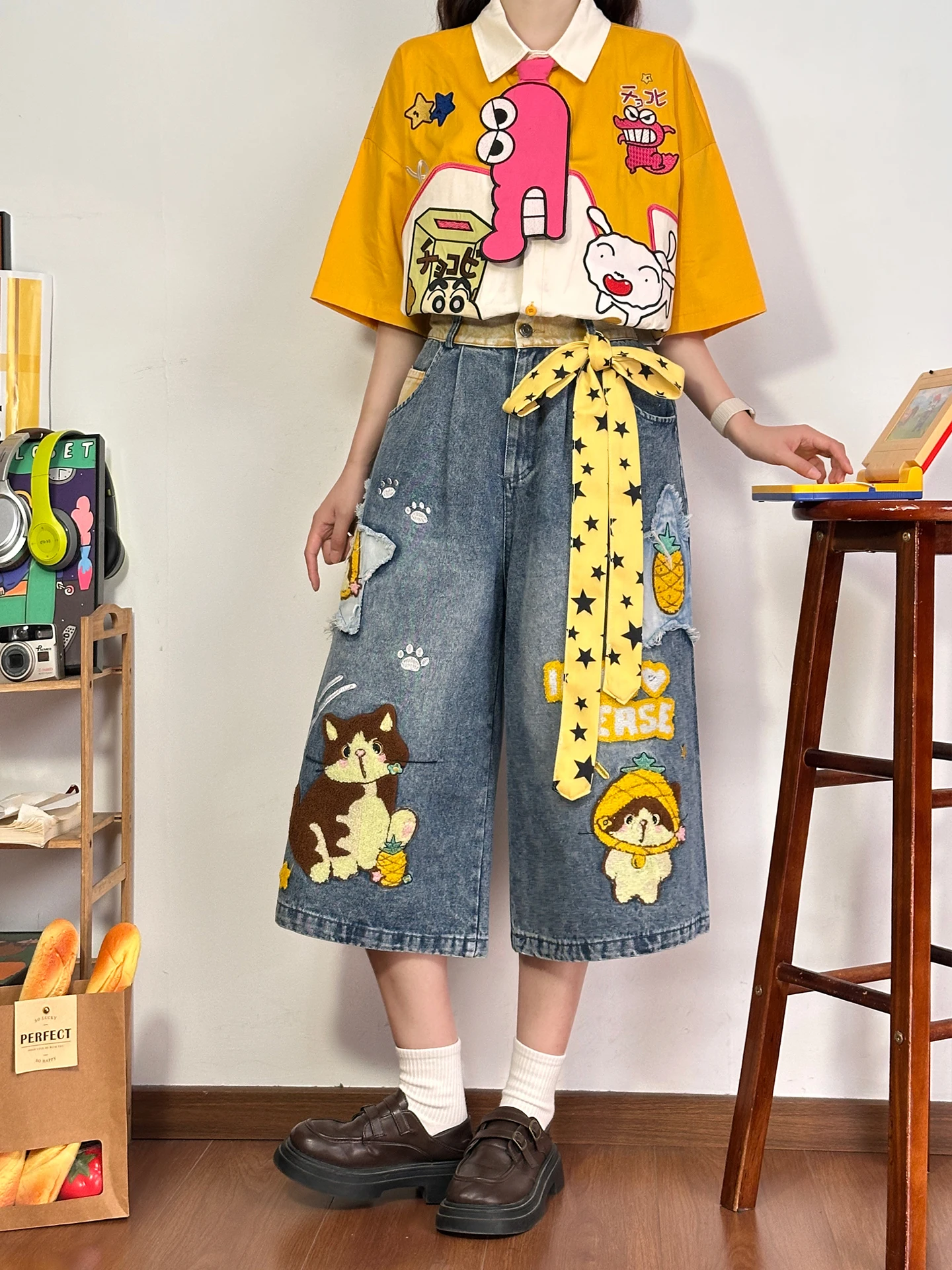 

Retro American Cartoon Embroidery Shorts Women's Loose Wide Leg Jeans Summer Casual Comfortable Non-Stretchy Denim Pants