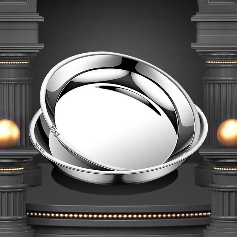 سميكة مستديرة 316 الفولاذ المقاوم للصدأ طبق عشاء الغذاء الصف صواني سلطة الفاكهة وجبة عموم المطبخ شريحة لحم المأكولات البحرية شقة أطباق الطبخ