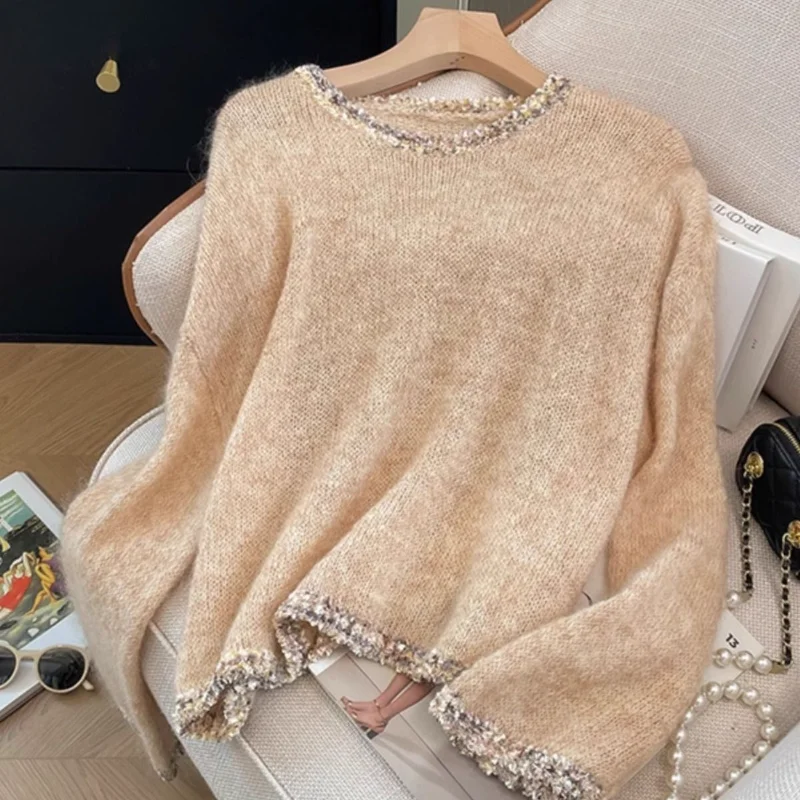 Suéter de malha coreano solto casual patchwork de manga comprida com um senso de design de suéter temperamento combinado para agasalhos