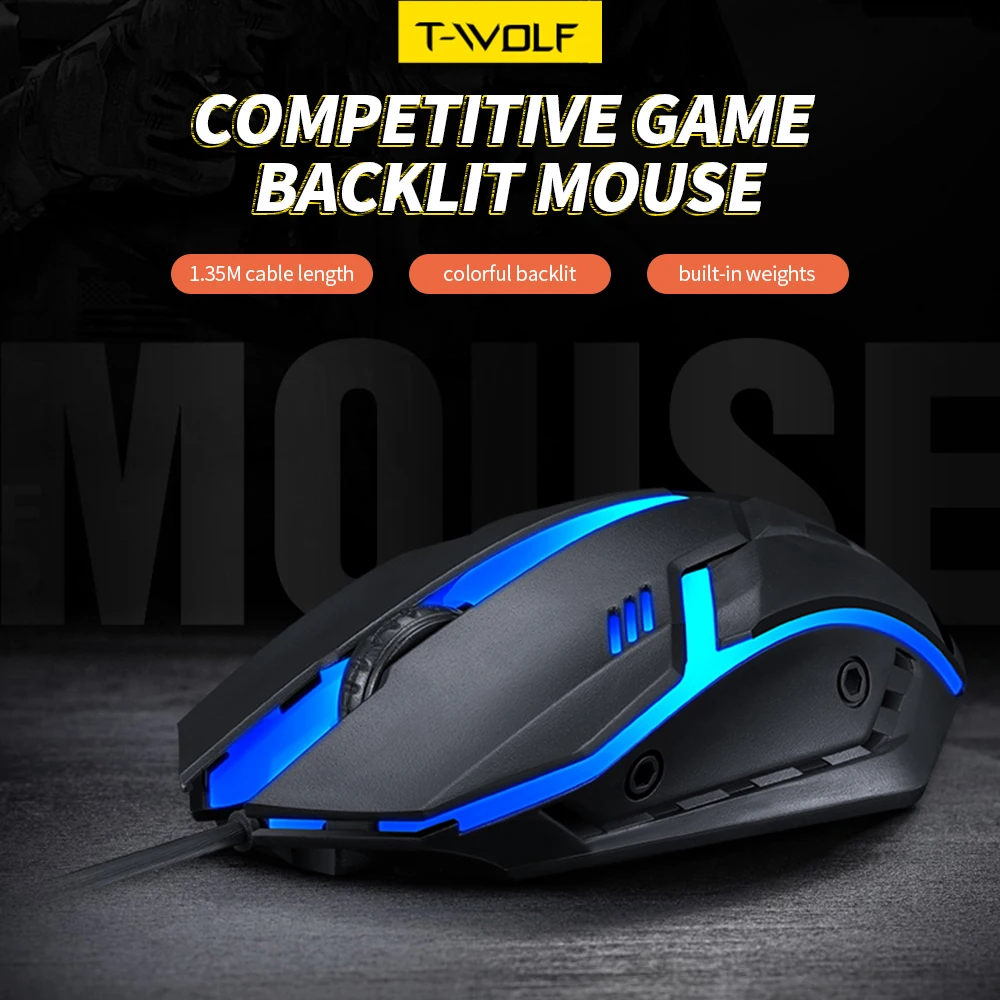 T-WOLF V1 Wired Gaming Mouse 3 Button 7 Colorful Backlight 1200 movement speed  Mouse Built-in Weights for Laptop/PC wired