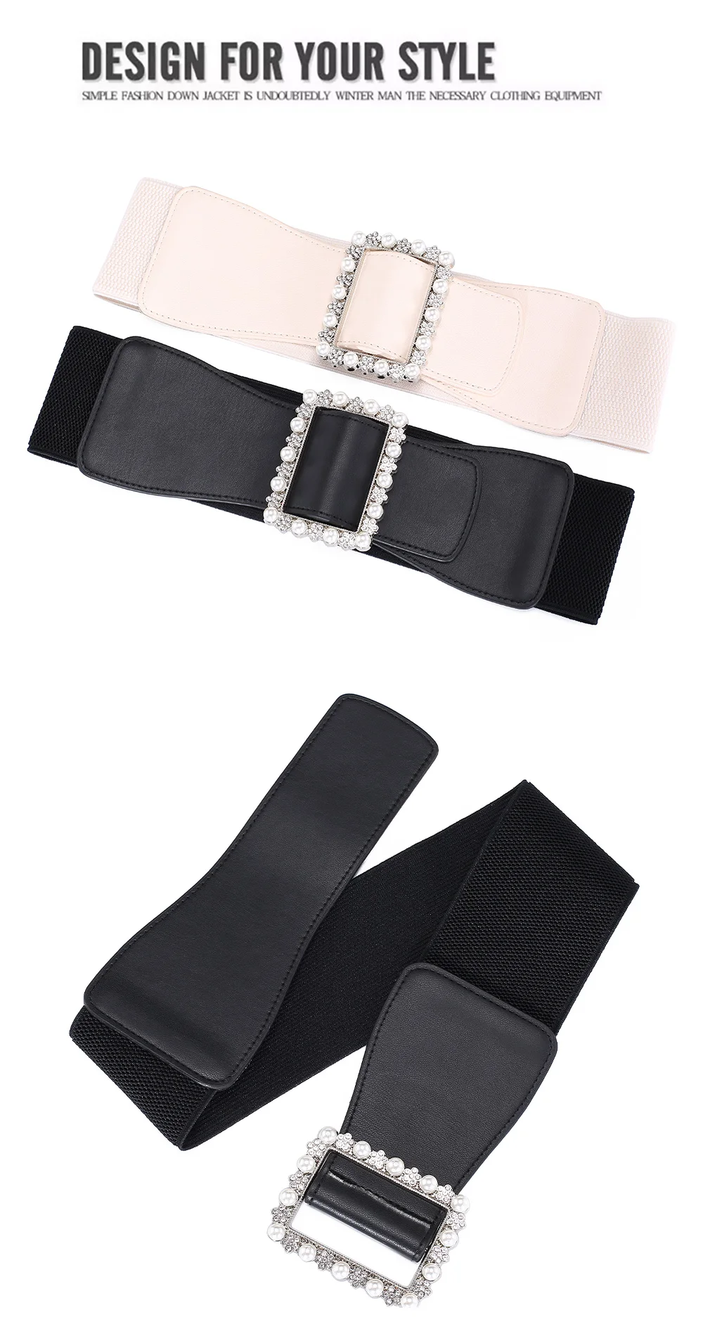 1pc frauen Gürtel Modische Perle Schnalle Gestaltung Gürtel Vielseitig Elastische Elastische Gürtel Pu Leder Breite Taille Dichtung Mit kleid Mantel – Detail 4