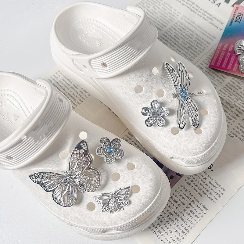 5 Pcs Silver 3D Butterfly Flower Hole Shoes Accessories Shoe Buckle Bright High-end Ins Removable Accessories Buckle Shoe Flower