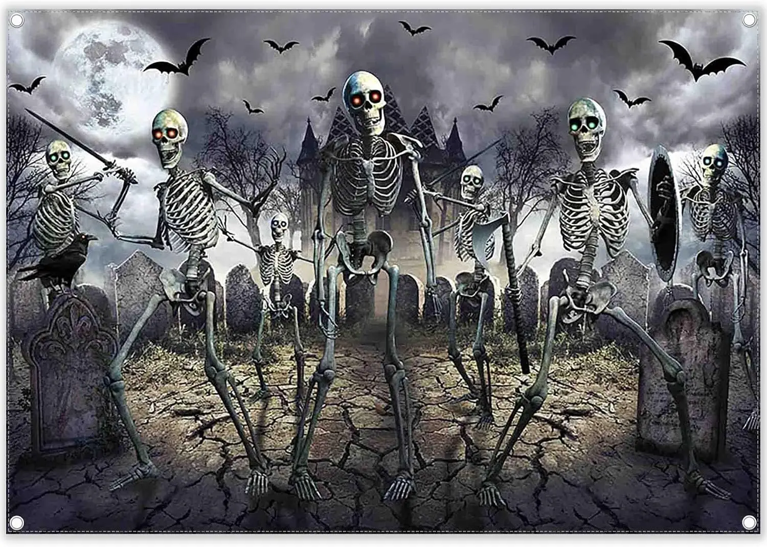 Halloween Zombie Graveyard Photography Backdrop, Full Moon Night Bat Skeleton Scary Kids Party Background Photo Booth Banner
