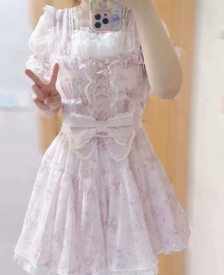 Sweet Print Japanese Mine High Waist Lolita Short Sleeve Summer Dress for Women Sweet Rose Ribbon Slim Bow Floral Princess Dress