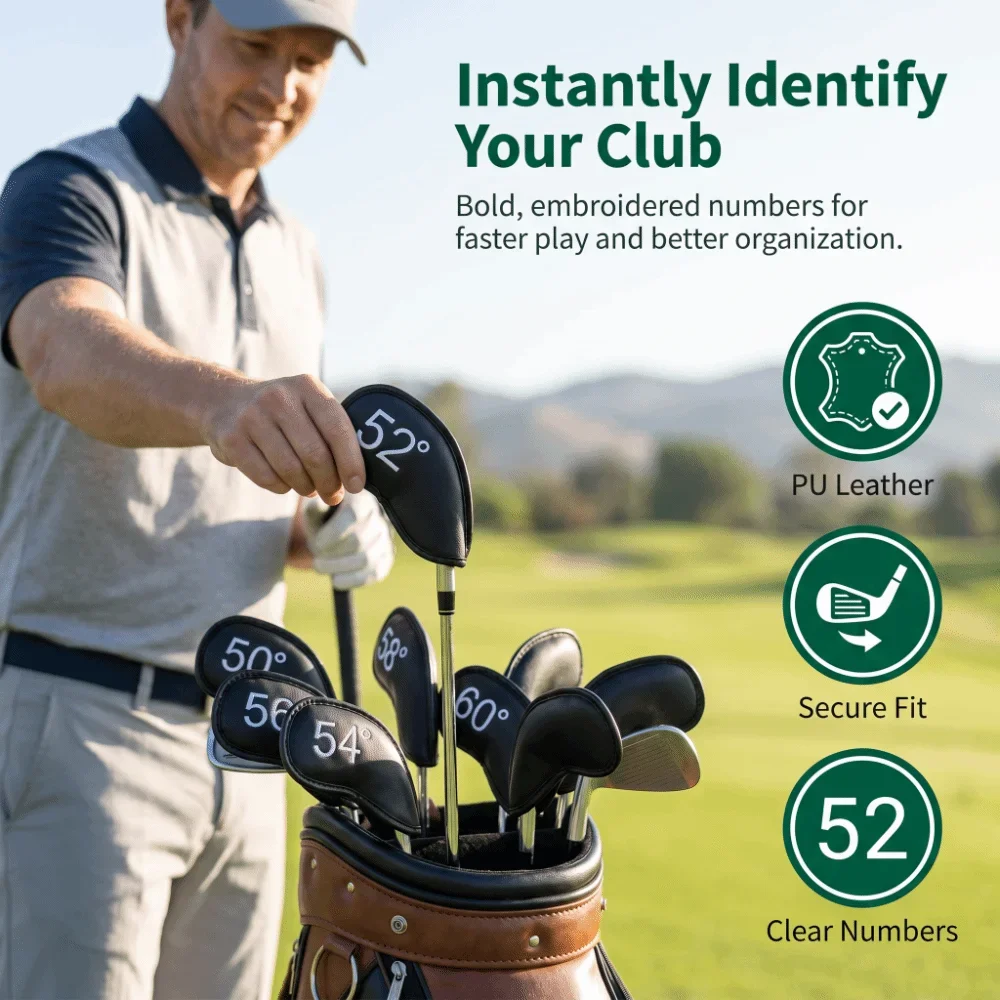 3/8pcs PU Leather Golf Head Cover Embroidered Number Lychee Texture Club Headcover Soft Lining Plain Texture Club Head Sleeve