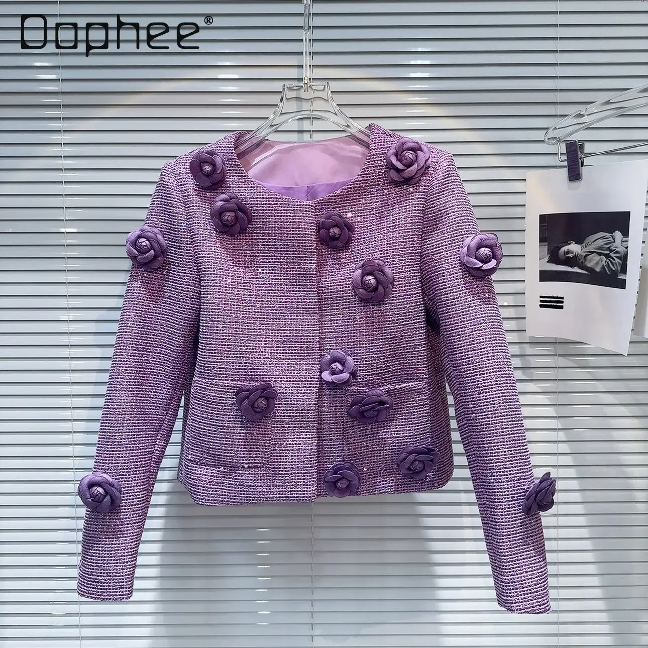 Purple Tweed Jacket Three Dimensional Flower Round Collar Long Sleeve Ladies Short Coat Retro 2024 Autumn Fashion Elegant